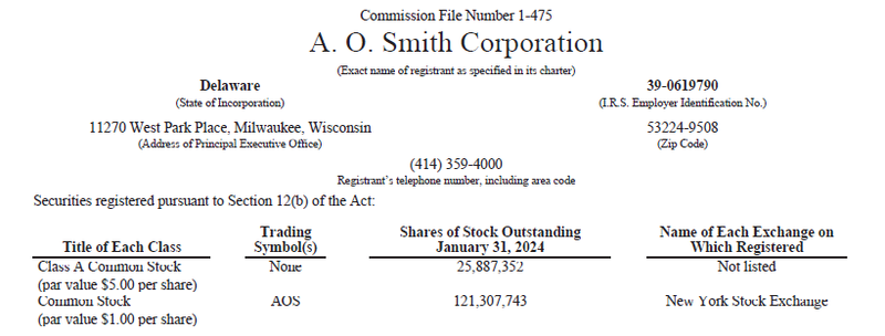 Common Stock & Common Stock Class A A. O. Smith