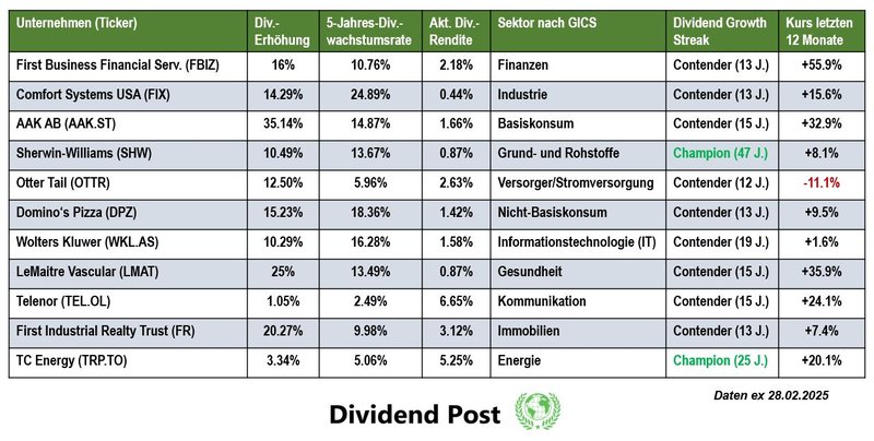 Top 10 Sektoren Dividendenaktien Dividendenerhöhung Februar 2025